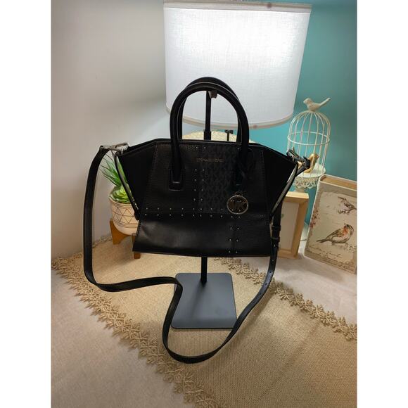 Michael Kors Avril Small Studded Patchwork Signature Logo Satchel Purse GUC - Picture 4 of 8